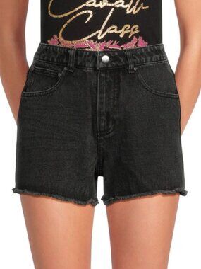 Roberto Cavalli Class High Rise Frayed Hem Washed Black Grey Denim Jean Shorts